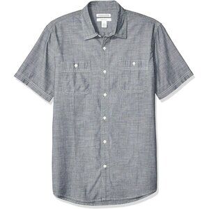 Men's Grey Regular Fit Short-Sleeve Poplin Shirt Round Wardrobe Staple